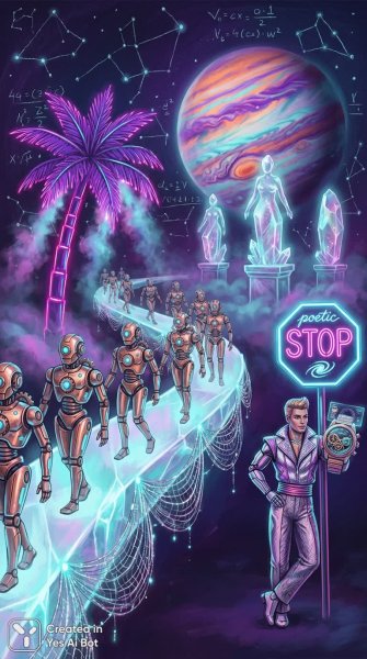 Космическая доска с роботами и планетой: мечта о кристаллической богине и танцующем человеке. Картинка из нейросети NanoBanana