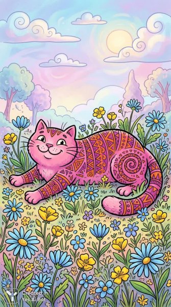 Весёлый розовый кот в мире ярких цветов и геометрических узоров. Картинка из нейронной сети Нано Банана