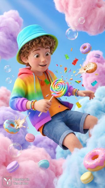 Сладкие грезы о конфетном небе и волшебных приключениях юного мечтателя. Картинка из нейронной сети NanoBanana