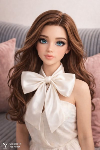 Кукла в розовом свитере и серых колготках: взгляд в камеру с голубыми глазами. Нейронная сеть Sora Ai Images