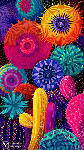 Яркий кактус-мандала: психоделическая энергия и игривые контрасты. Картинка из нейронной сети Midjourney