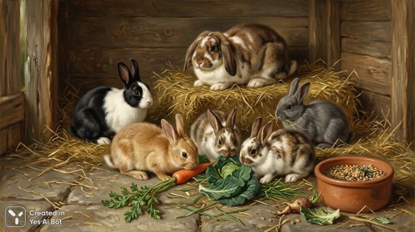 Забавный натюрморт: кролики в капусте и сеновале – умиротворение сельской жизни. Картинка из нейронной сети NanoBanana