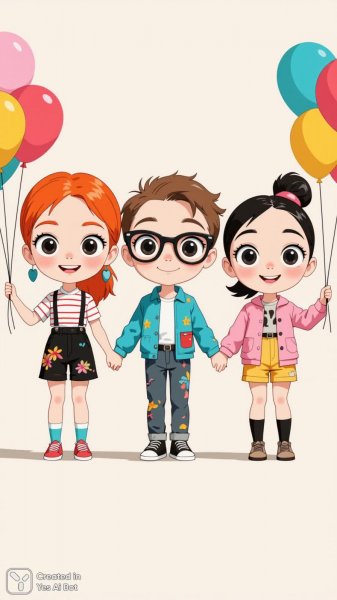 Веселые куклы в ярких нарядах с воздушными шарами и милым выражением лиц. Нейросеть Flux Ai