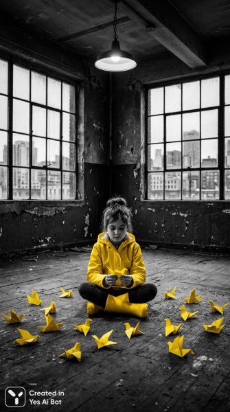 Девушка в жёлтом: сюрреалистичная встреча цвета и монохрома в заброшенном пространстве. Изображение из нейронной сети Nano-Banana