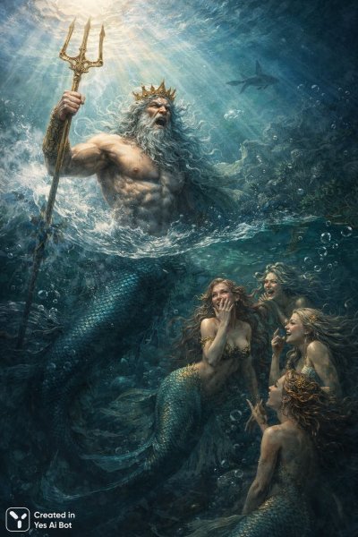 Гнев Посейдона и морской смех богинь. Нейросеть Sora Ai Images