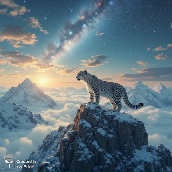Снежный барс на вершине мира: космическое сияние рассвета в горах. Генерация из нейросети Flux Ai