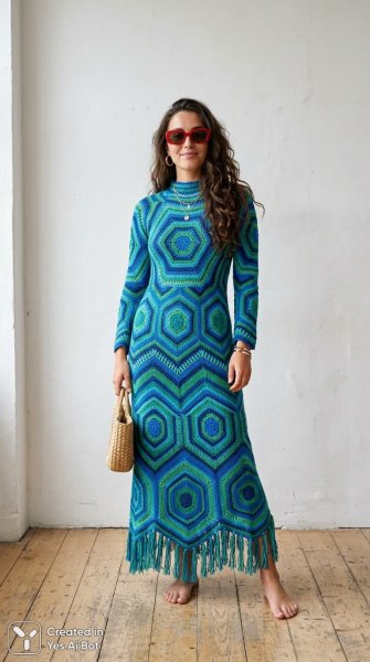 Яркий образ в длинном платье с геометрическим узором и красными очками. Нейронная сеть NanoBanana