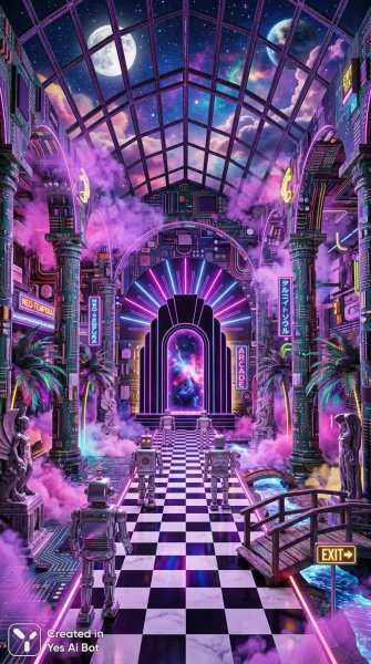 Неоновое святилище: цифровой храм в стиле vaporwave и ар-деко. Картинка из нейросети Нано Банана