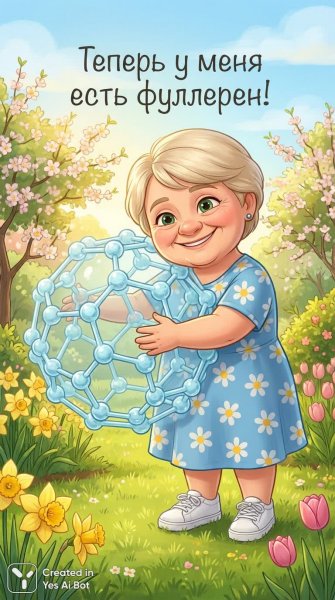 Фуллерен и бабушка: весеннее объятие в мультяшном стиле. Нейросеть Nano Banana