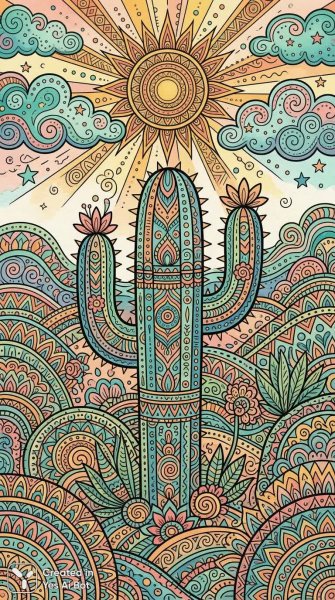Яркий кактус в этническом стиле и психоделических узорах с солнечным настроением. Изображение из нейросети Nano-Banana