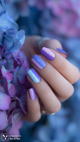 Неоновый маникюр: яркие акценты фиолетового, синего и белого на квадратных ногтях. Изображение из нейросети Midjourney