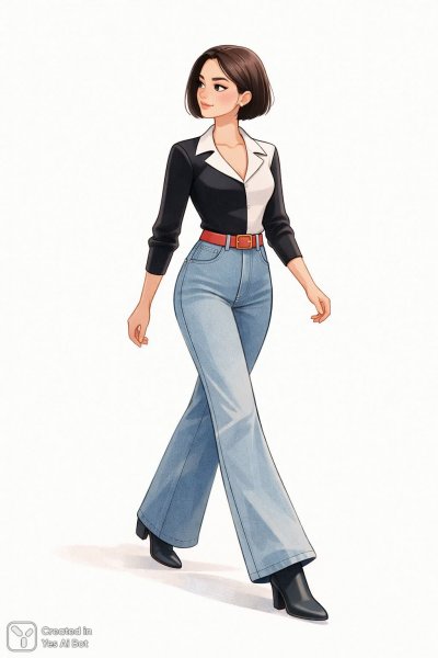 Стильный образ: полосатая блуза и джинсы клеш с красным поясом. Изображение из нейронной сети Sora images Ai