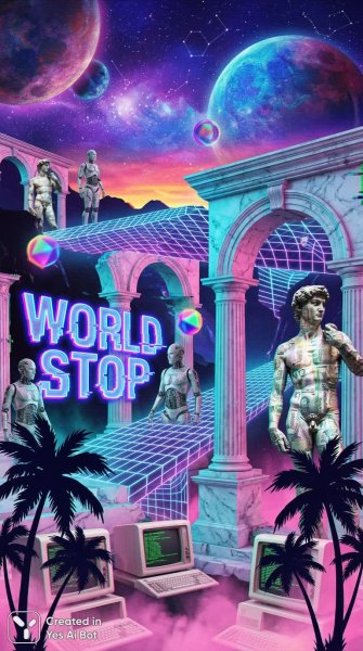 Неоновый закат: цифровой хаос и греческие мотивы в стиле vaporwave. Изображение из нейронной сети Nano-Banana