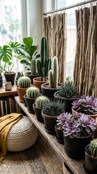 Уютный уголок с кактусами и глиняными горшками в стиле бохо. Картинка из нейронной сети Нано Банана