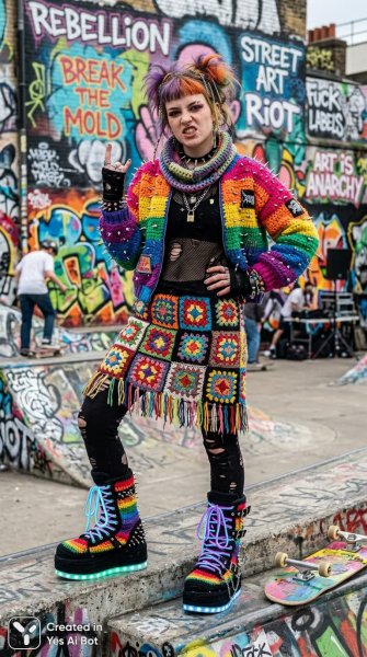 Бунтарский стиль: яркий образ в вязаной куртке и платформе. Картинка из нейронной сети Нано Банана