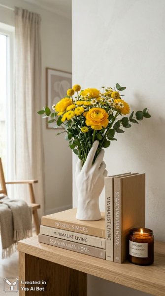 Элегантность скандинавского стиля и нежность цветочного букета в руке вазы. Нейронная сеть Nano Banana