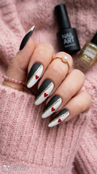 Элегантный минимализм: черный, белый и золотые акценты на ногтях. Изображение из нейронной сети NanoBanana