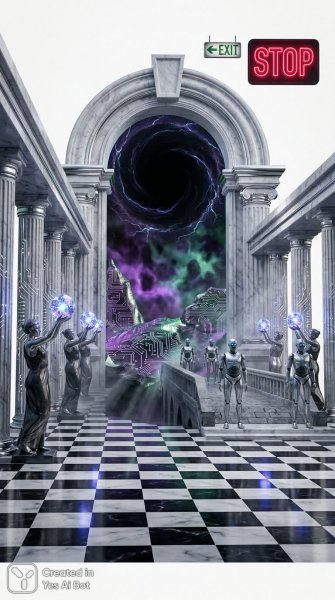 Загадочный портал в ином измерении: футуристический храм мрамора и технологий. Генерация из нейросети NanoBanana