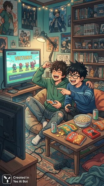 Два друга: видеоигры, смех и соревнование в яркой комнате. Нейросеть Нано Банана