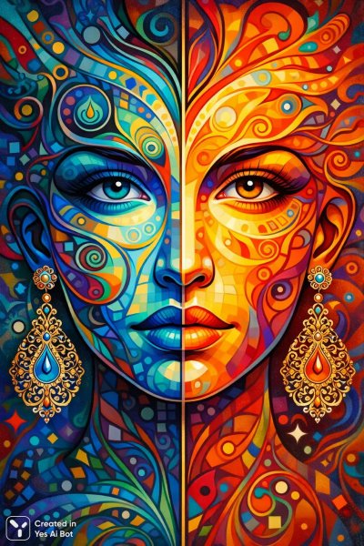 Лицо в цвете: эмоциональный портрет с графическими узорами и яркими деталями. Изображение из нейросети Sora Images