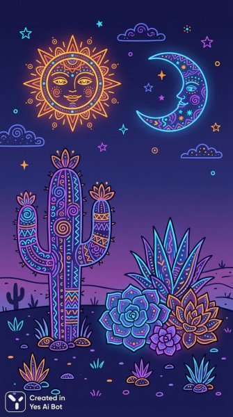 Яркий кактус и суккуленты в стиле наивного арта. Генерация из нейронной сети Nano-Banana