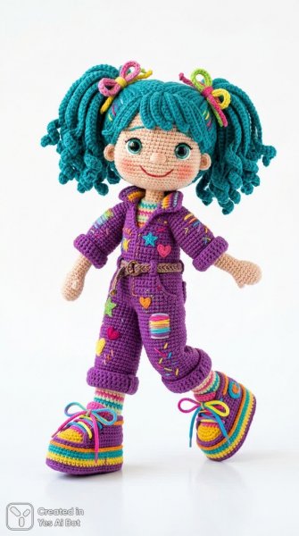 Яркая кукла амигуруми в фиолетовом комбинезоне и с задорной улыбкой на белом фоне. Нейросеть Nano-Banana