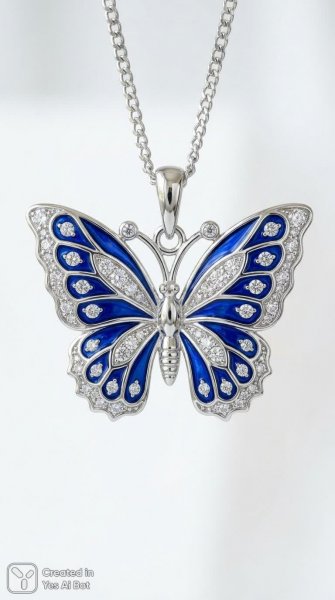 Изящная бабочка из серебра с синими акцентами и кристаллами. Изображение из нейронной сети Nano-Banana