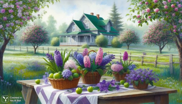 Нежная акварель: сельский дом и сад в пастельных тонах. Изображение из нейронной сети Dalle