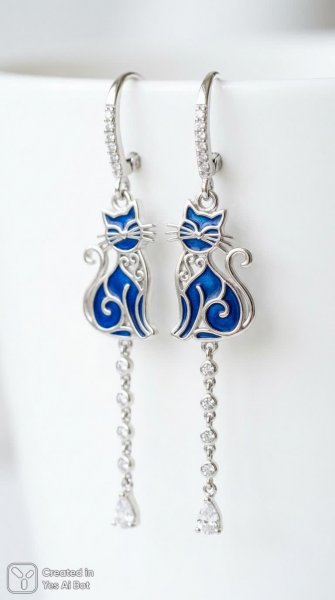 Изящные серебряные серьги с кошачьим силуэтом и сверкающими акцентами. Нейросеть Nano-Banana