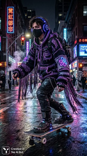 Ночная техно-гранж: дерзкий стиль на скейтборде в мегаполисе. Нейронная сеть Нано Банана