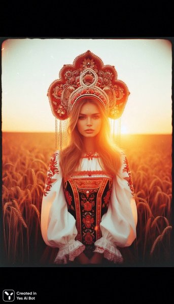 Загадочная красавица в русском народном костюме на закате. Картинка из нейросети Dalle 3