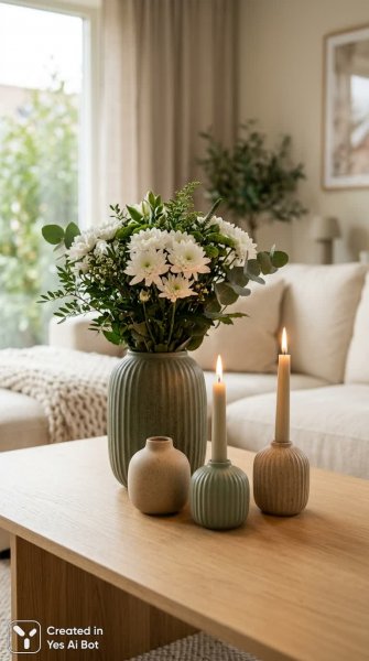 Стильный интерьер с керамикой и цветами. Изображение из нейронной сети Nano-Banana