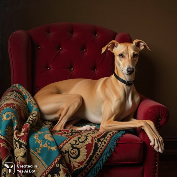 Итальянский грейхаунд в роскошном кресле: элегантность и спокойствие в деталях. Нейросеть Flux