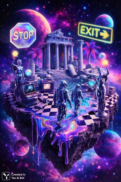 Неоновый вапорейв: руины прошлого в космической реальности будущего. Изображение из нейронной сети Sora images Ai