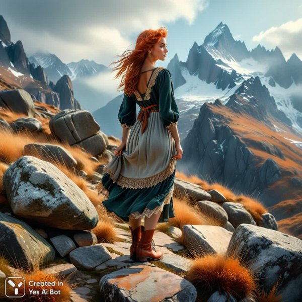 Девушка с медным волосом на фоне горного пейзажа. Изображение из нейросети Stable Diffusion