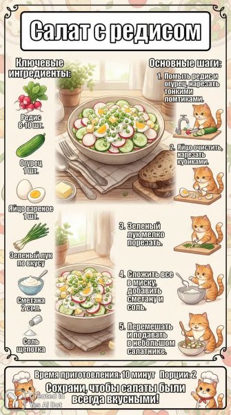 Быстрый и освежающий салат с редисом: рецепт за 10 минут для вкусного обеда или перекуса. Картинка из нейронной сети Nano Banana