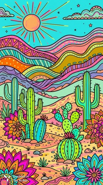 Яркий пустынный пейзаж в неоновых тонах с энергичными мотивами и декоративными элементами. Нейросеть Нано Банана