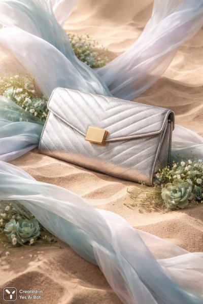 Металлическая сумочка на фоне пустынного песка и нежной зелени. Генерация из нейросети Sora Images