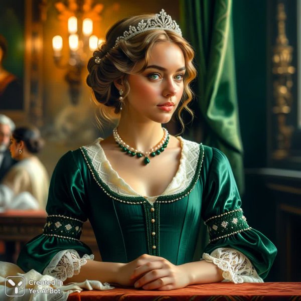 Женщина в изумрудном платье: ренессансный портрет с жемчугом и кружевом. Генерация из нейросети Стейбл Дифьюжн