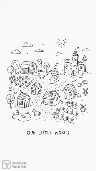 Милые домики и фермы в игривом стиле набросков без лишних деталей. Изображение из нейронной сети NanoBanana