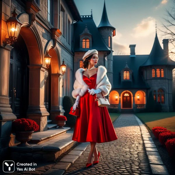 Вечерний наряд в старинном поместье: элегантность и роскошь красного цвета. Изображение из нейросети Stable Diffusion
