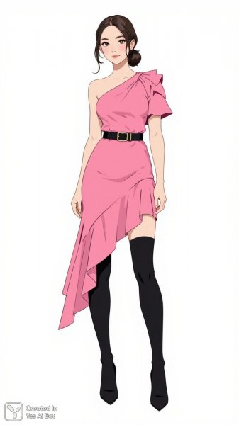 Розовое платье с ассиметрией и черный пояс: стильный женский образ. Генерация из нейронной сети Flux