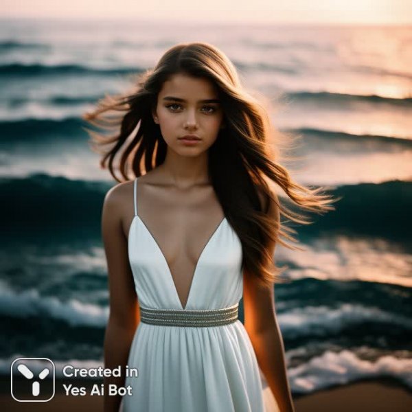 Загадочная красота: портрет девушки на фоне заката и моря. Генерация из нейросети Stable Diffusion