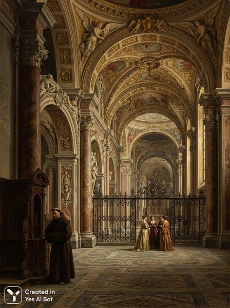 Величественная архитектура и таинственный наблюдатель в полумраке старинного здания. Изображение из нейросети Nano-Banana