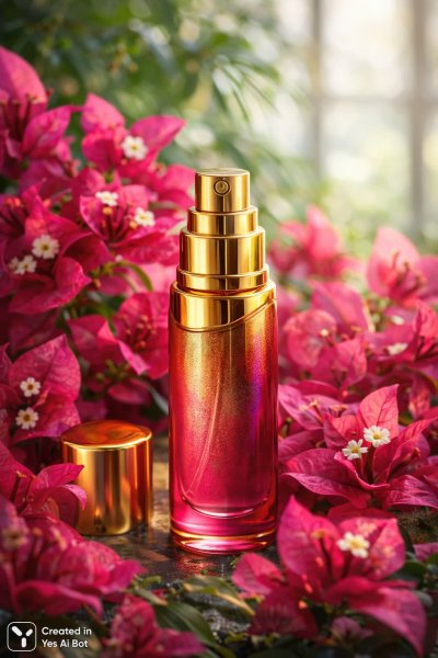 Роскошный аромат путешествий: буйство розовой бугенвиллы и золотые акценты. Нейросеть Sora Ai Images