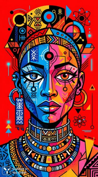 Этнический портрет в стиле кубизма: яркие краски и африканские мотивы. Нейронная сеть Nano-Banana