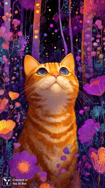 Волшебный кот в сказочном лесу: яркие узоры и нежные цветы. Генерация из нейросети Midjourney