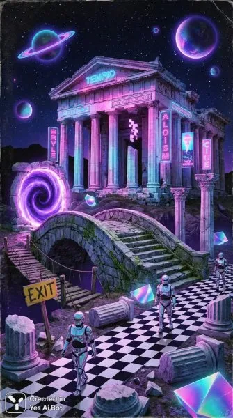 Заброшенный храм в стиле vaporwave с неоновым светом и порталом. Генерация из нейронной сети Нано Банана