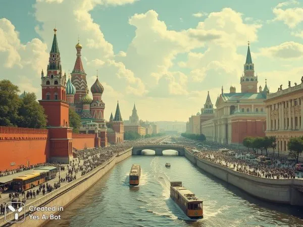 Московский пейзаж начала XX века: Кремль и собор Василия Блаженного в дымке времени. Генерация из нейросети Flux 1