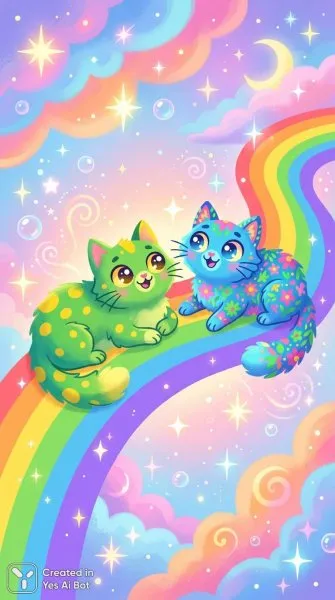 Кошки на радуге: яркие краски и игривое настроение в стиле флэт-дизайн. Картинка из нейронной сети Nano Banana